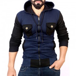 Navy Black Contrast Pocket Style Fleece Hoodie FS-2545